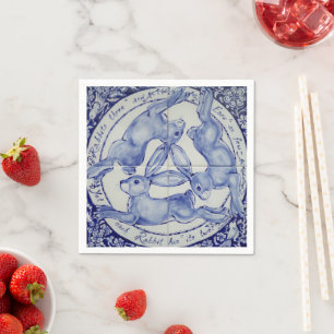 Three Hares Rabbit Blue & White Medallion Bird Napkin