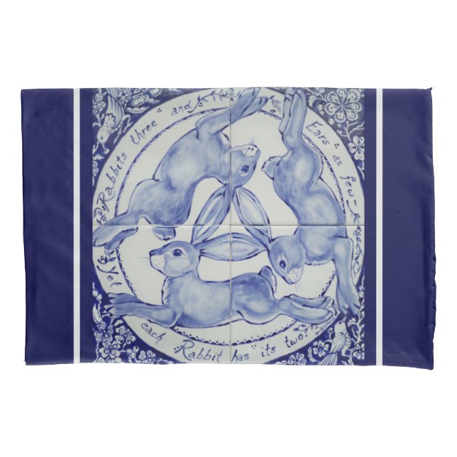 Three Hares Rabbit Blue & White Medallion Bird Pillowcase (Front)