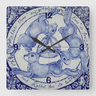 Three Hares Rabbit Blue & White Medallion Bird Square Wall Clock