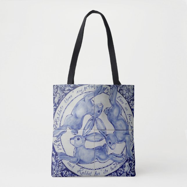 Three Hares Rabbit Blue & White Medallion Bird Tote Bag (Front)