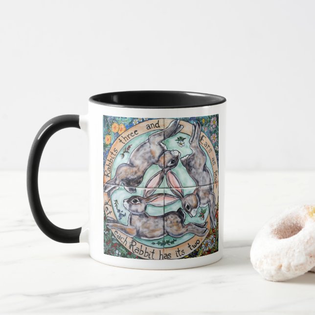 Three Hares Rabbit Four Seasons Colourful Whimsica Mug (With Donut)