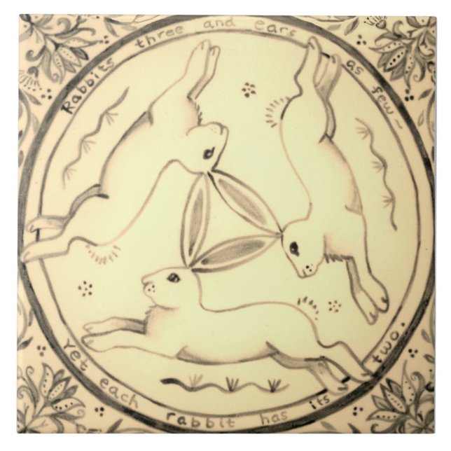 Three Hares Running Rabbit Sepia Mystical Design Tile (Front)