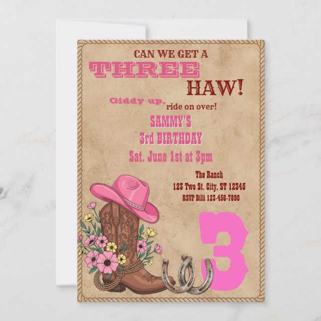 Three Haw Pink, Western 3rd Birthday Invitation (Front)