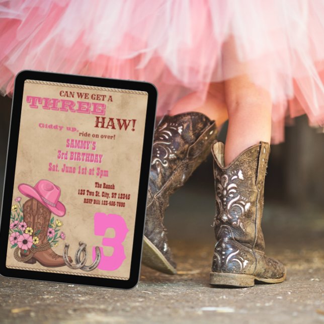 Three Haw Pink, Western 3rd Birthday Invitation (Creator Uploaded)