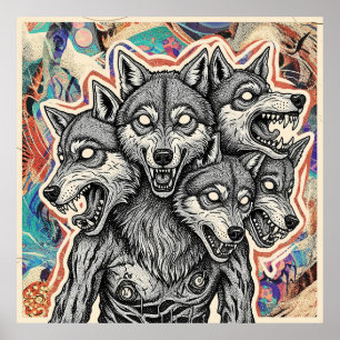 Three-Headed Wolf Creature Poster