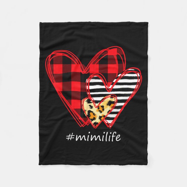 Three Hearts Leopard Buffalo Plaid Mimi Life Valen Fleece Blanket (Front)