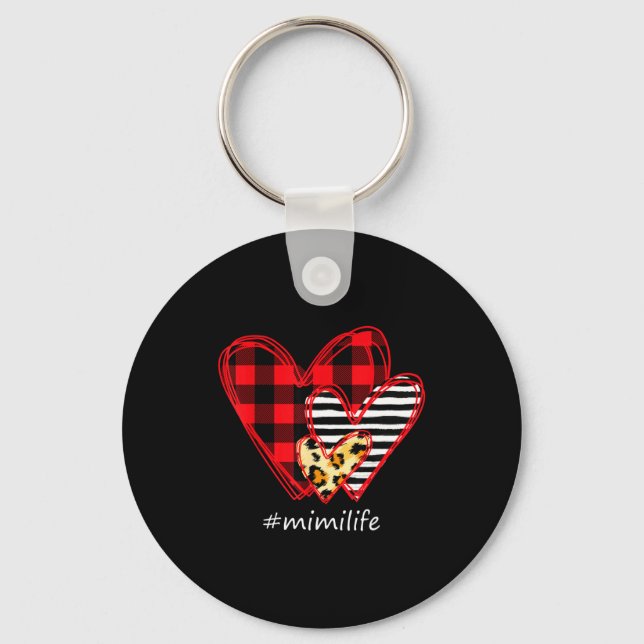 Three Hearts Leopard Buffalo Plaid Mimi Life Valen Key Ring (Front)