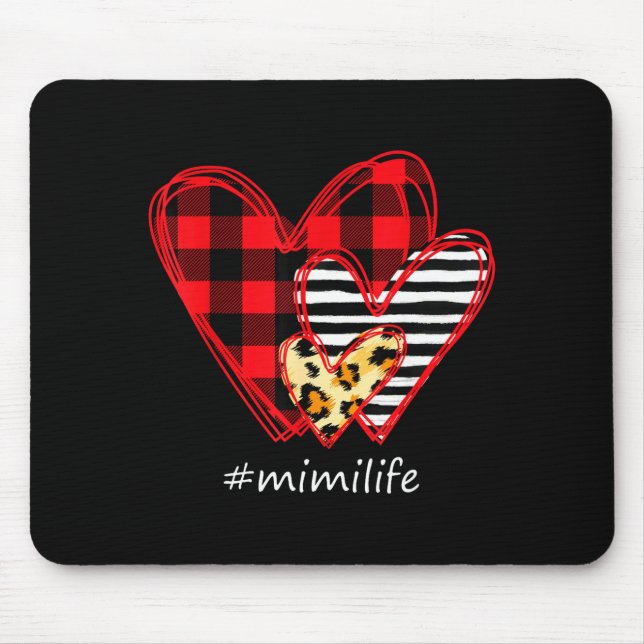Three Hearts Leopard Buffalo Plaid Mimi Life Valen Mouse Mat (Front)