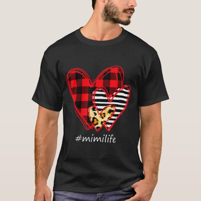 Three Hearts Leopard Buffalo Plaid Mimi Life Valen T-Shirt (Front)