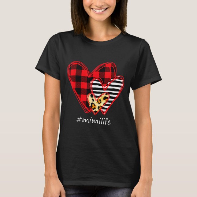 Three Hearts Leopard Buffalo Plaid Mimi Life Valen T-Shirt (Front)