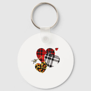 Three Hearts Leopard Buffalo Plaid Valentines Day Key Ring