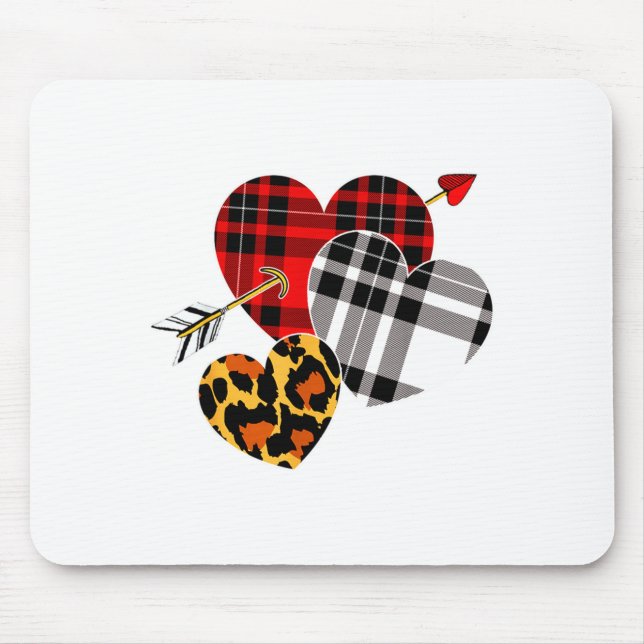 Three Hearts Leopard Buffalo Plaid Valentines Day  Mouse Mat (Front)