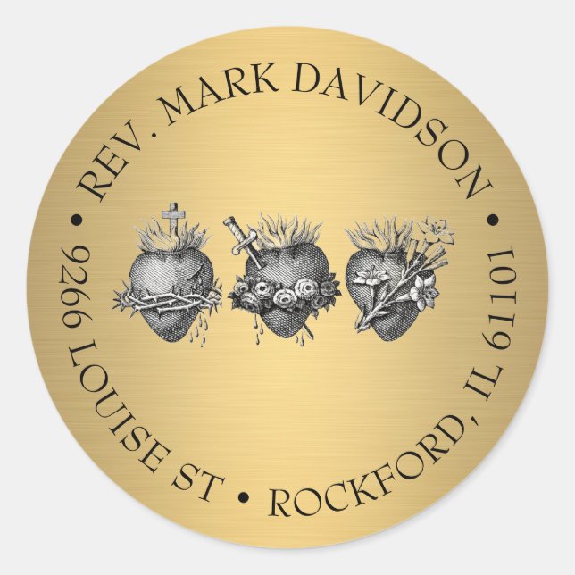 Three Hearts of Jesus, Mary, and Joseph Address Classic Round Sticker (Front)