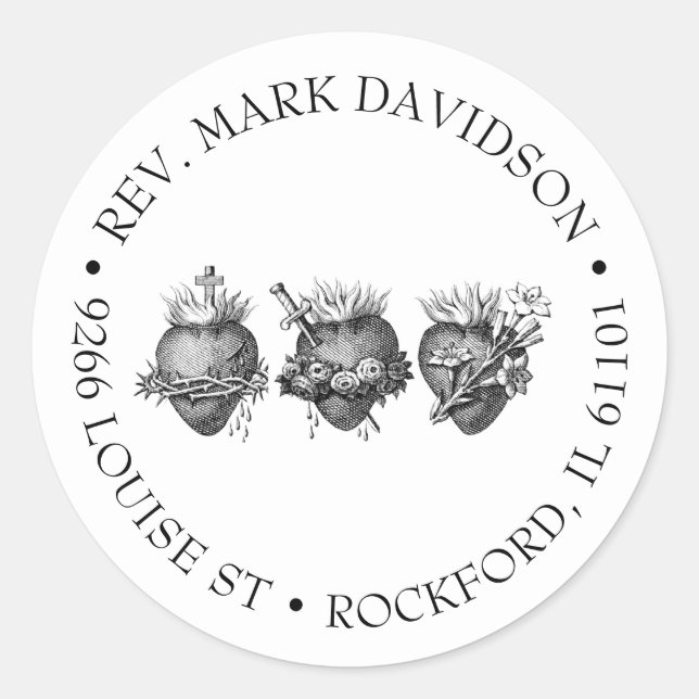 Three Hearts of Jesus, Mary, and Joseph Address Classic Round Sticker (Front)