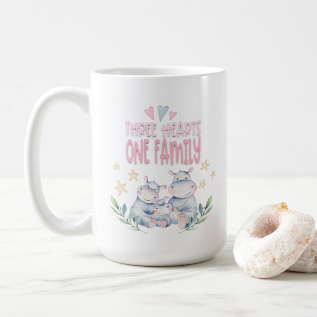 Three Hearts One Family Cute Hippos Pink Coffee Mug (With Donut)