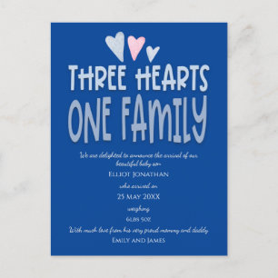 Three Hearts One Family Dark Blue Baby Boy Birth Announcement Postcard