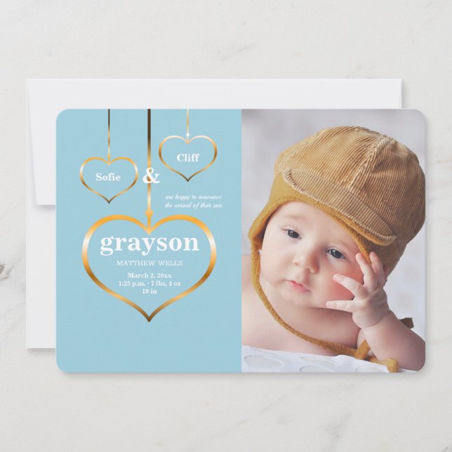 Three Hearts Photo Birth Announcement (Front)