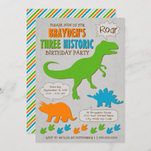 Three Historic Dinosaur Third Birthday Invitation