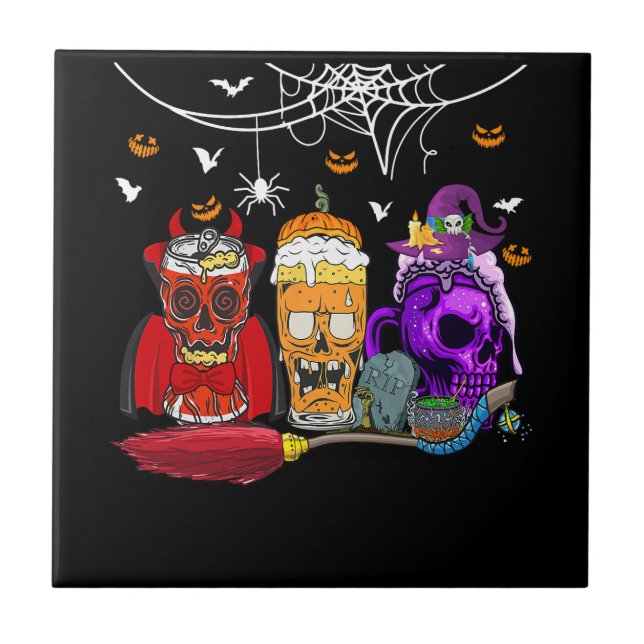 Three Horror Glasses Of Beer Halloween Skull Costu Tile (Front)