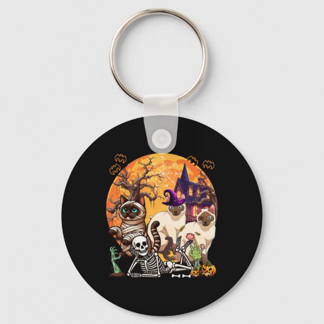 Three Horror Siamese Cats Cosplay Witch Halloween  Key Ring (Front)