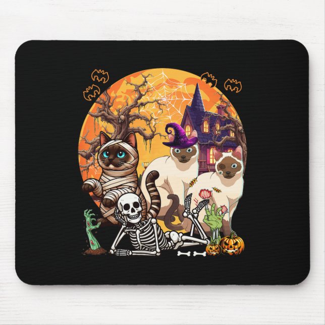 Three Horror Siamese Cats Cosplay Witch Halloween  Mouse Mat (Front)