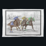 Three Horse Race - Neck and Neck Tea Towel<br><div class="desc">This Thoroughbred Horse Racing drawing, featuring three horses competing neck-and-neck, was created by equine pencil artist Kelli Swan. The original black and white pencil drawing was hand-tinted with colour details, yielding this final look. The artwork is titled "Neck and Neck". Kelli Swan specialises in the beautiful and striking effect of...</div>