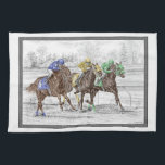Three Horse Race - Neck and Neck Tea Towel<br><div class="desc">This Thoroughbred Horse Racing drawing, featuring three horses competing neck-and-neck, was created by equine pencil artist Kelli Swan. The original black and white pencil drawing was hand-tinted with colour details, yielding this final look. The artwork is titled "Neck and Neck". Kelli Swan specialises in the beautiful and striking effect of...</div>
