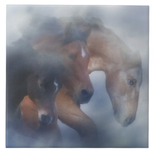 Three Horses in the Mist Art Tile