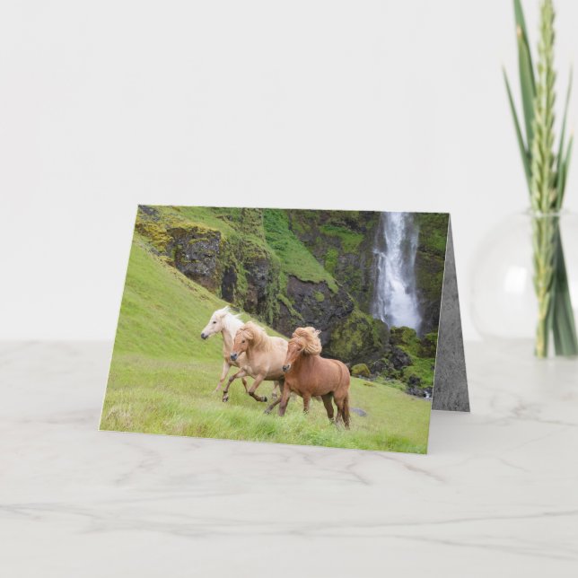 Three Horses Run at Waterfall Horse Greeting Card (Front)