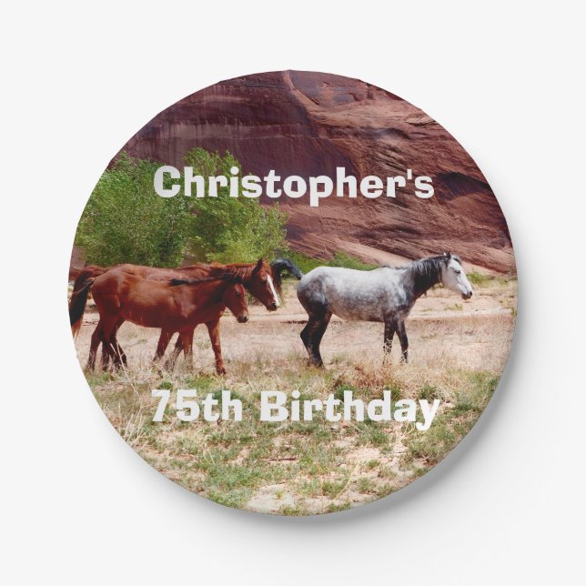 Three Horses, Southwest, 75th Birthday Party Paper Plate (Front)