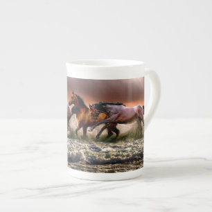 Three Horses Trotting in the Ocean Bone China Mug