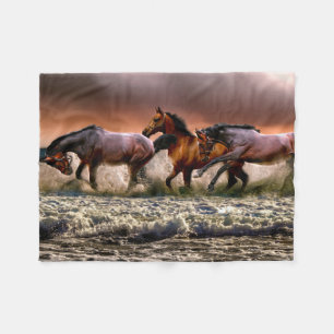 Three Horses Trotting in the Ocean Fleece Blanket