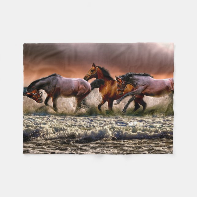 Three Horses Trotting in the Ocean Fleece Blanket (Front (Horizontal))