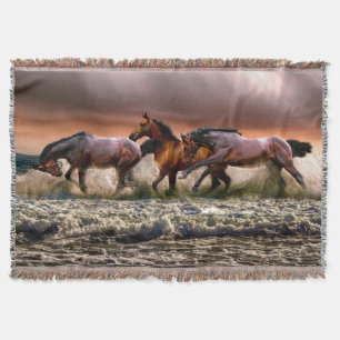 Three Horses Trotting in the Ocean Throw Blanket