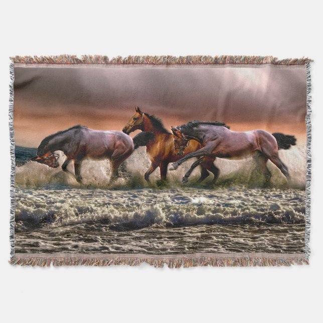 Three Horses Trotting in the Ocean Throw Blanket (Front)