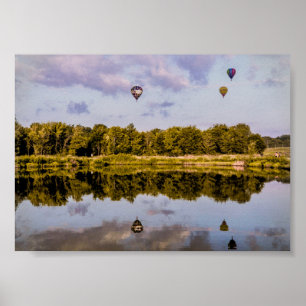 Three hot air balloons drifting over a landscape poster