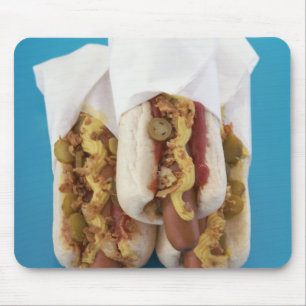 Three hot dogs in buns mouse mat