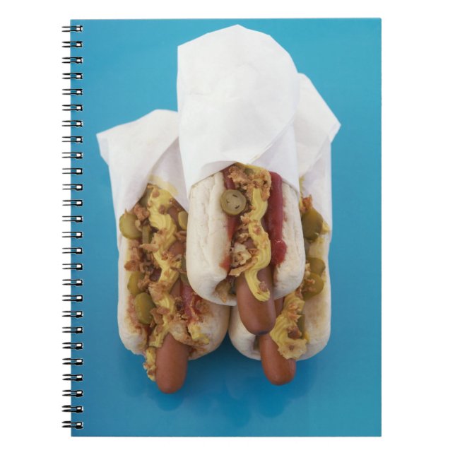 Three hot dogs in buns notebook (Front)