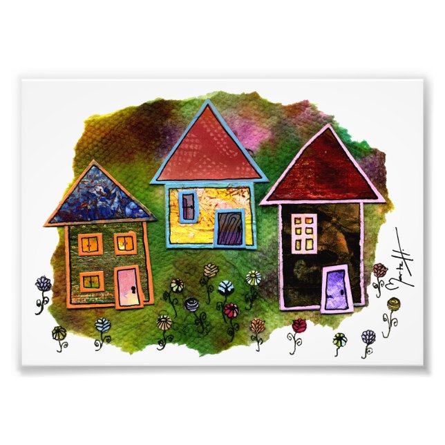 Three House Collage with Flowers Photo Print (Front)