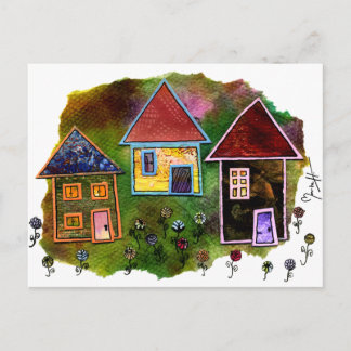 Three House Collage with Flowers Postcard
