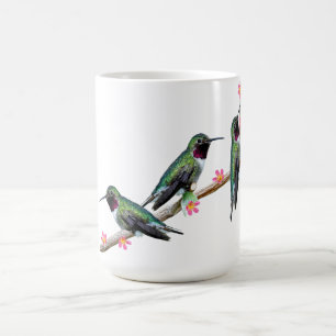 Three Hummingbirds perched on a branch of a Floss Coffee Mug