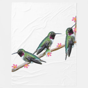 Three Hummingbirds perched on a branch of a Floss Fleece Blanket