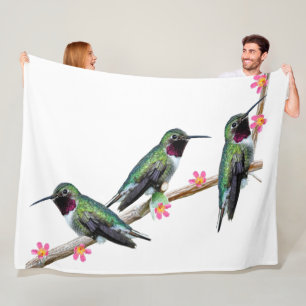 Three Hummingbirds perched on a branch of a Floss Fleece Blanket
