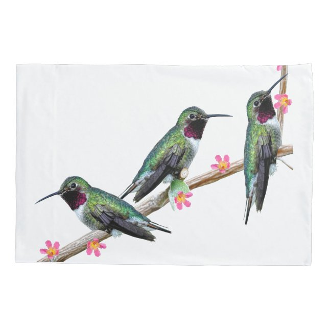 Three Hummingbirds perched on a branch of a Floss  Pillowcase (Back)