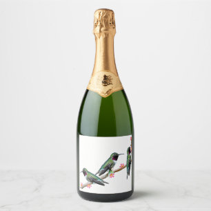 Three Hummingbirds perched on a branch of a Floss Sparkling Wine Label