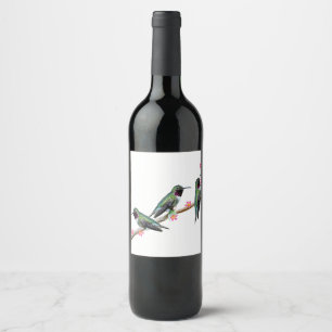 Three Hummingbirds perched on a branch of a Floss  Wine Label