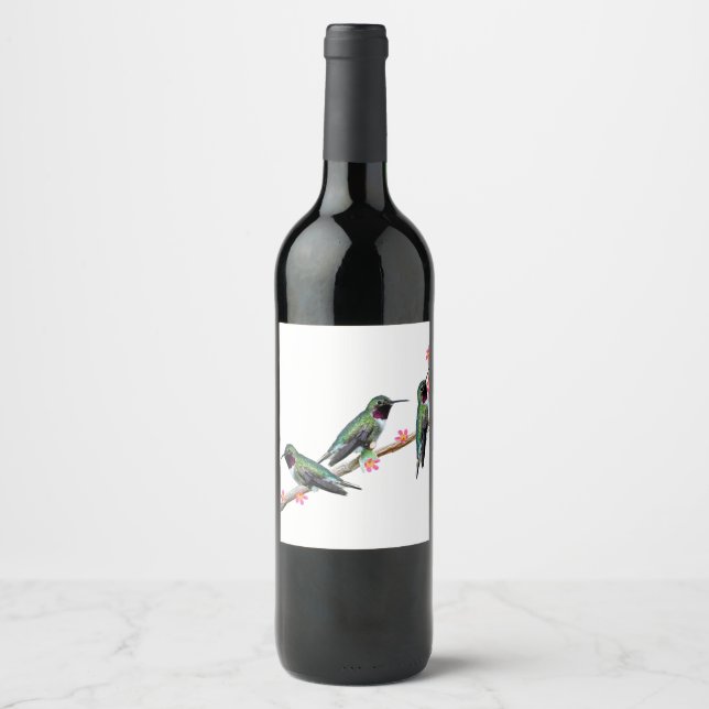 Three Hummingbirds perched on a branch of a Floss  Wine Label (Front)