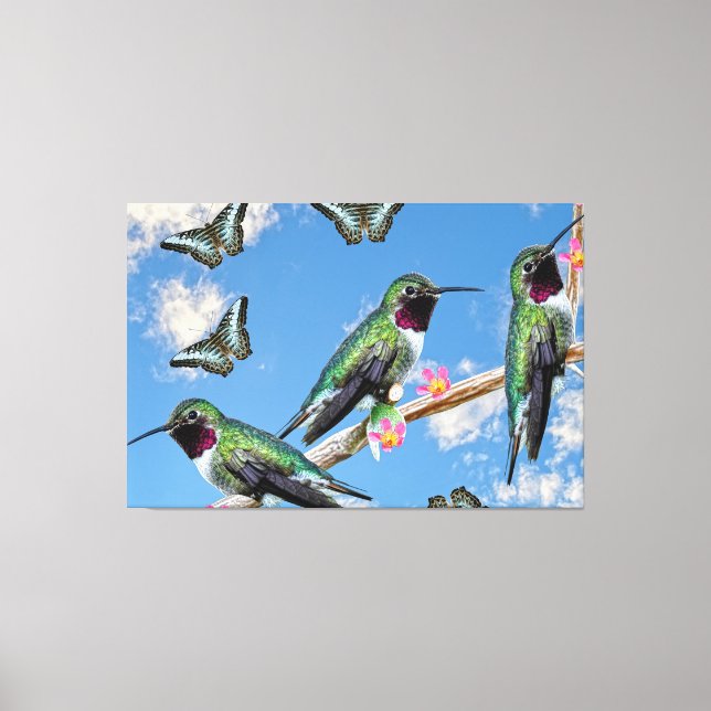 Three Hummingbirds perching on a branch Floss Silt Canvas Print (Front)