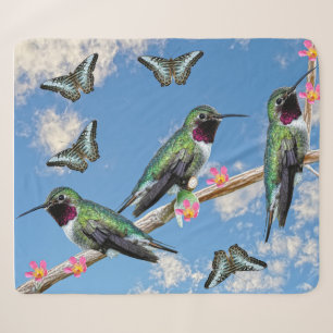 Three Hummingbirds perching on a branch Floss Silt Sherpa Blanket