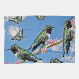 Three Hummingbirds perching on a branch Floss Silt Tea Towel